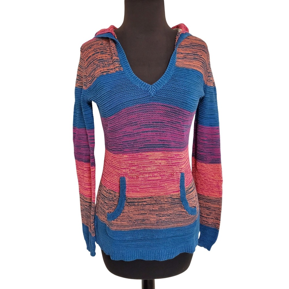 Vintage Roxy Striped Knit Hoodie Yuma Sweater Blue Pink Orange V-Neck Medium